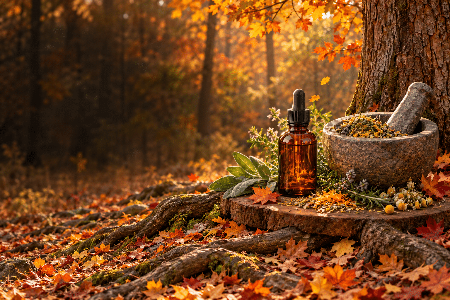 Amber herbal tincture and mortar and pestle with herbs beside autumn tree roots